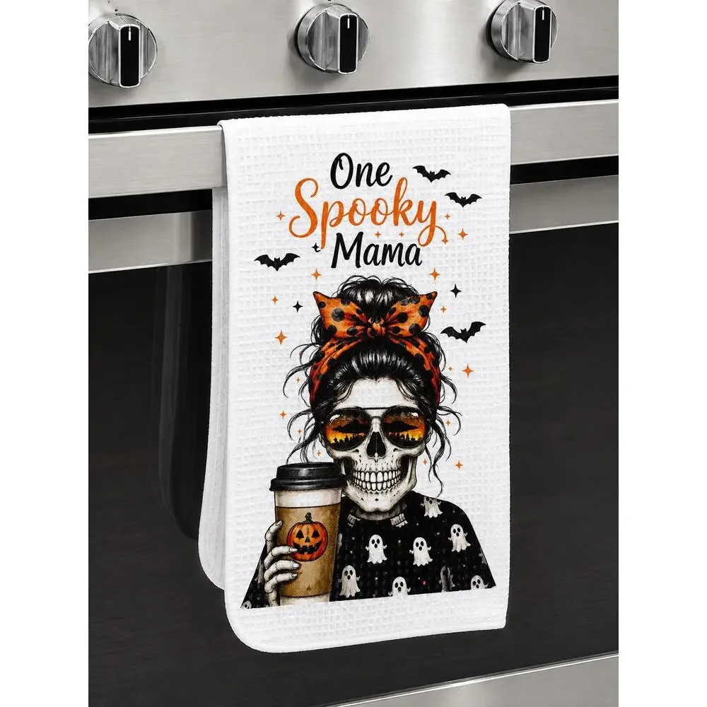 One Spooky Mama Halloween Kitchen Towel Skeleton Coffee Fall Decor